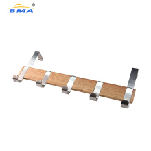 Factory Price Bamboo Wood & Stainless Steel Over The Door Hook Hanger Wall Mount Over The Door Towel Rack with 5 Hooks 6 Hooks